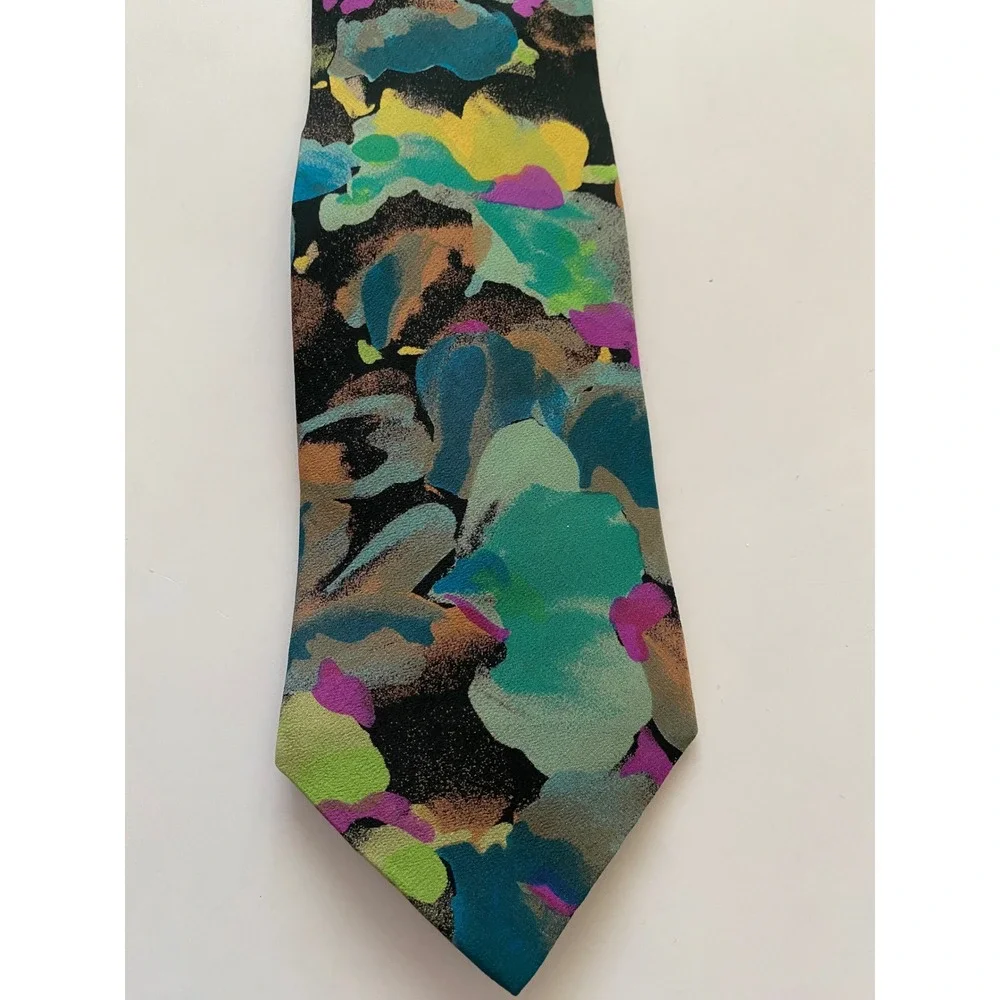 Bella Nova Mens Silk Tie Italy Abstract Floral Watercolor Teal Purple Gold 4in